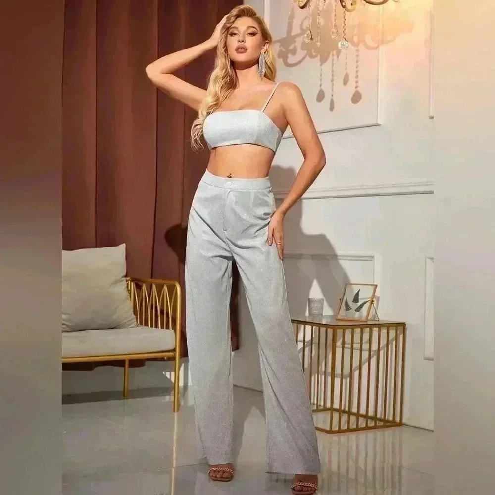 Crop Metallic Cami Top And Pants Set SZ Medium NWT